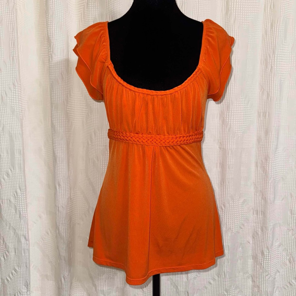 Heart Soul Empire Waist Top Orange Braided Trim Flutter Sleeve Small Boho Y2K
